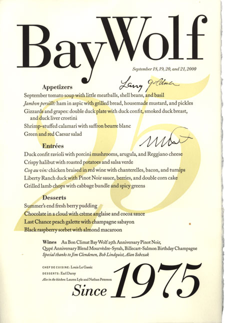 Bay Wolf Anniversary Menu